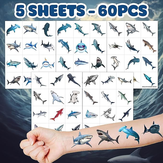 60PCS Realistic Shark Temporary Tattoos for Kids Birthday Party Decorations, Supplies– Ocean Sea Animal Fake Tattoos for Boys Girls – Under the Sea Party Favors, Classroom Rewards Gifts
