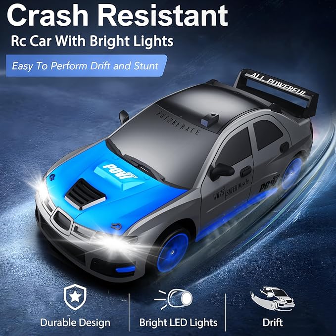 Remote Control Car RC Drift Car 2.4GHz 1:24 Scale 4WD 15KM/H High Speed Model Vehicle with LED Lights Drifting Tire Racing Sport Toy Car for Adults Boys Girls Kids Gift 2Pcs Rechargeable Batteries