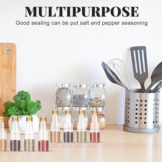 100 Pcs Mini Liquor Bottles, 1.7oz Shot Bottle with Caps 50ml Plastic Spirit Bottles, 4 Liquid Funnels, Kraft Tags, Brush and String, for Wedding, Baby Banquet, Party（Gold Cap）