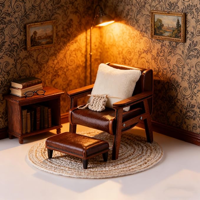 1:12 Dollhouse Couch Furniture Set, 3pcs Dollhouse Living Room Set，Wooden and Leather Armchair ，White Pillow and Beige Round Blanket, Accessories Furniture for Living Room, Bedroom