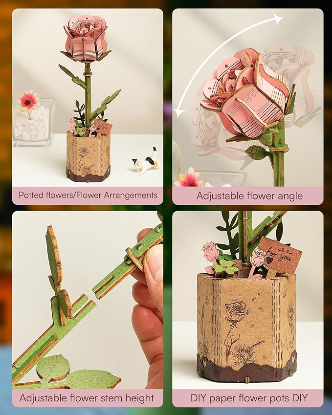 3D Flower Wooden Puzzles for Adults-Pink Rose, DIY Wooden Flowers Model Kit Building Set Crafts for Adults to Build, Botanical Collection/Ideal Creative Gift Ideas/Housewarming (104PCS)