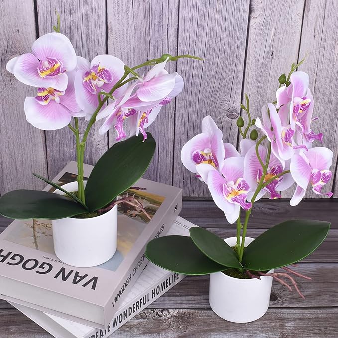 XONOR Artificial Orchid Flowers, 2 Pieces Potted Fake Orchids with Plastic Vase for Table Centerpiece Home Decor Office Wedding Party Decoration