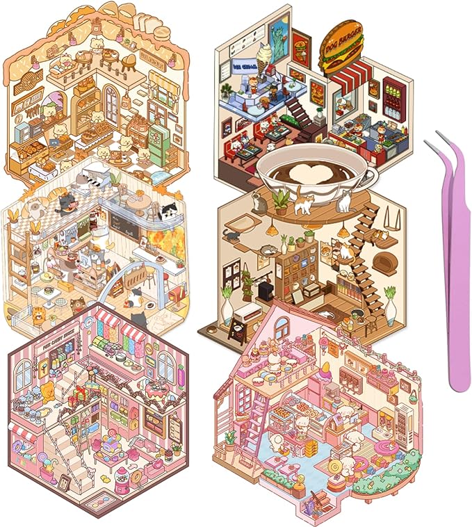 DIY 3D Sticker Scene,6 Sets of Kawaii Miniature Scenic House Stickers,Cozy Room Stickers Therapy Scenes for Adults and Kids Stress Relief Pass The Time and Gifts (Z-2)