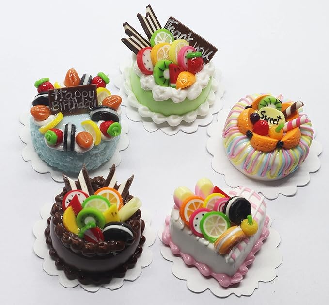Mixed 5 Assorted Miniature Cakes Dollhouse Food Set, Handmade 1/6 Scale Fake Dessert, 1 Inch Cake Accessories for Collectors & Diorama