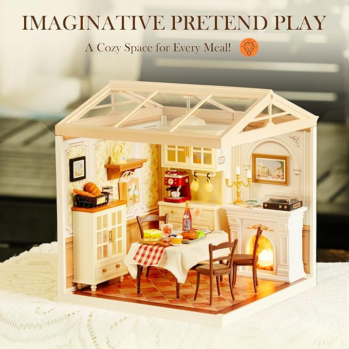 ROBOTIME Super Creator Toy Building Set DIY Miniature House Kit with LED Tiny Room Making Kit Expandable Plastic Craft Toy for Creative Play Home Decor Unique Hobby Gift (Warm Dining Room)