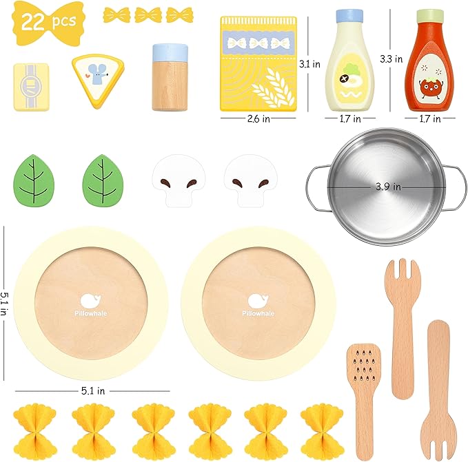 Pillowhale Pasta Food Toys, Wooden Play Kitchen Food , Play Food with Pots and Pans Playset, Kids Pretend Play Kitchen Accessories Toys Set for Girls Boys 3+Years Old