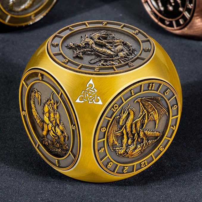 7 in 1 Unique Spinner DND Dice Set D&D, Metal Cube D and D Dice with Gift Box, Dungeons Dragons Role Playing Dice, Gold