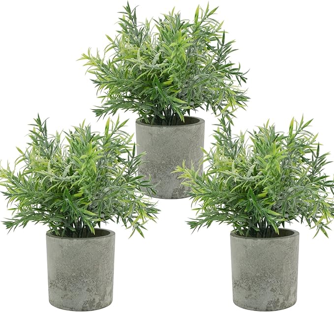Bacucine 3Pcs Fake Plants Potted Mini Artificial Greenery Artificial Plants for Shelf Table Office Farmhouse Home Decor (Rosemary)