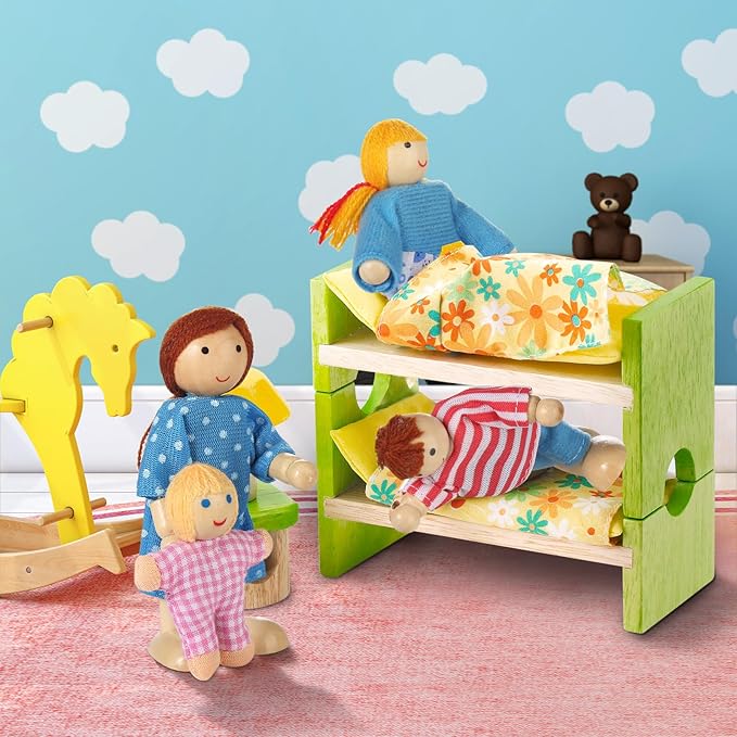 Jzszera 15 Pcs Wooden Dollhouse People with Movable Limbs, Doll House Family Figures for Educational Pretend Play