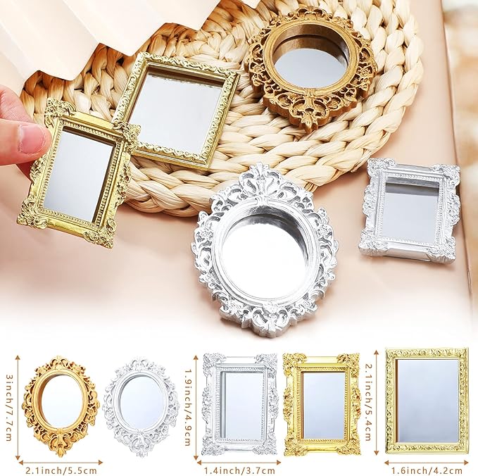 Skylety 10 Pieces Miniature Dollhouse Mirror European Frame Mirror Victorian Baroque Wall Decor Miniature Bedroom Mini Furniture Accessory for 1/12 Dollhouse Decor, Gold and Silver