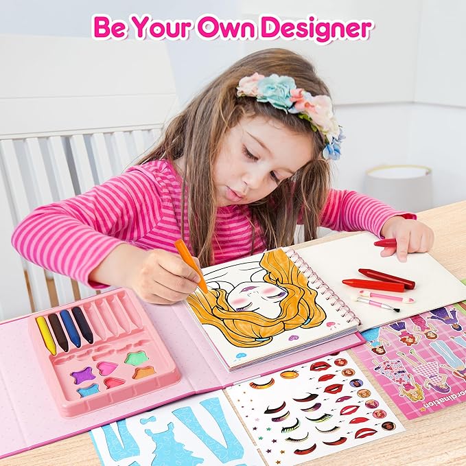 Mocoosy Makeup Art Craft for kids Ages 4-8, Pretend Makeup Coloring Activity Book with Stickers, Fashion Designer Kit for Girls, Travel Game Road Trip Toy Valentine's Gift for Girl 5 6 7 8 9 Years Old