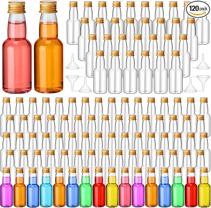 120 Pcs Mini Liquor Bottles Airtight Shot Miniature Empty Plastic Alcohol Spirit Shot Bottles with Funnels for Party Favors, Weddings(2 oz,Gold)