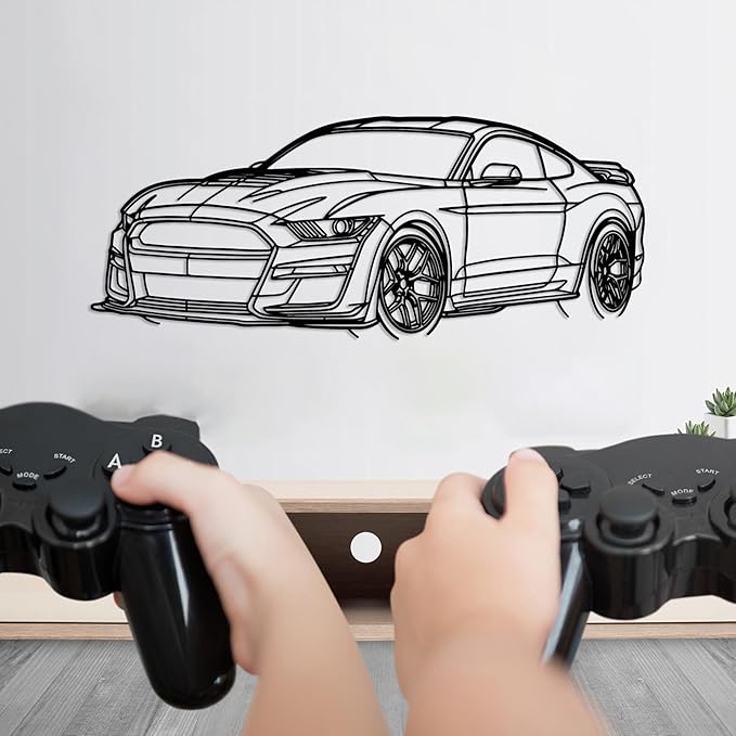 DecoSoul Mustang Metal Car Wall Art, Sports Car, Automotive Silhouette Line Decoration, Minimalist Sculpture for Garage, Indoor Outdoor Wall Hanging, Gift for Boyfriend (Black - 40 x 11” inch)