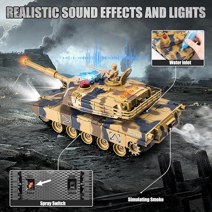 1/24 RC Battle Tank Set, Remote Control US M1A2 Abrams and Chinese Type 99 Model Tank That Shoots for Kids and Adults, 2.4G Army Toy for Boys Age 6+ Year Old with Sound, Lights and Smoke