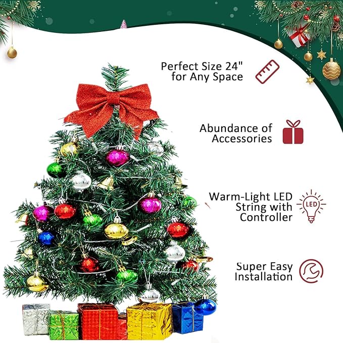 Mini Christmas Tree Small Christmas Tree with LED Lights Ornaments Tabletop Artificial Christmas Decorations Indoor Christmas Decor 24"/60cm 2025 New