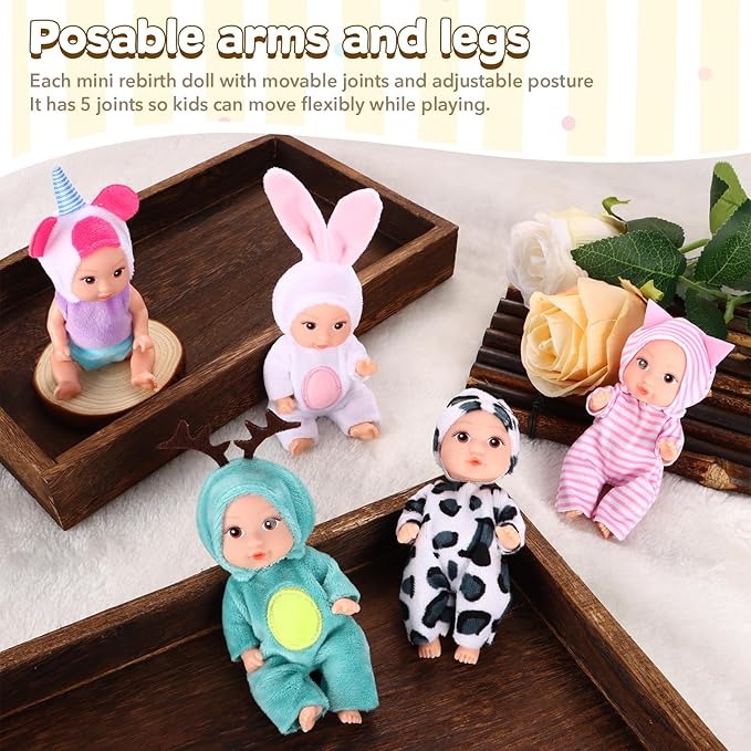 10 Pcs 4 Inch Mini Baby Dolls Playset Lifelike Realistic Baby Dolls with Handmade Animal Clothes Cute Small Baby Doll Gifts Set for Toddlers Girls Kids 3+