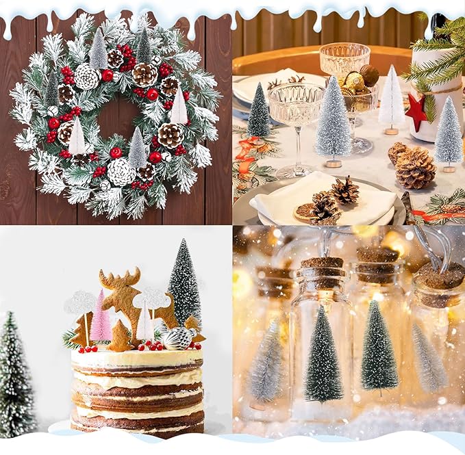 Waipfaru Christmas Table Decor, Bottle Brush Christmas Trees, 21 Pcs White Mini Christmas Trees, Farmhouse Pine Trees for Xmas Tabletop Crafts Indoor Home Decorations (Sliver & White)