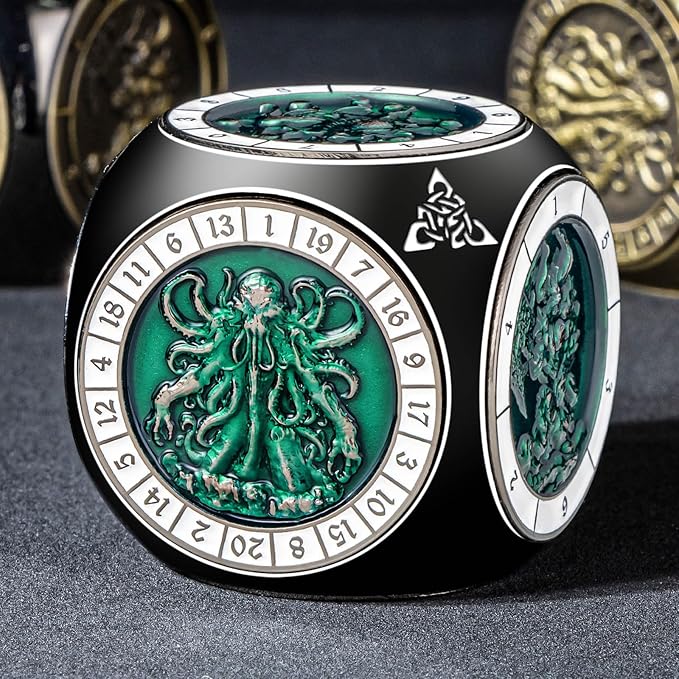 7 in 1 Unique Spinner DND Dice Set D&D, Metal Cube D and D Dice with Gift Box, Dungeons Dragons Role Playing Dice, Black Green
