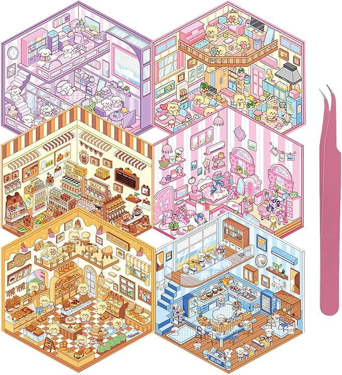 DIY 3D Sticker Scene, Stocking Stuffer, 6 Sets of Cute Miniature Isometric Stickers for Kids Adult Therapy Scenes Sticker Reuseable and Waterproof Stickers for Girl, Holiday & Christmas Fun