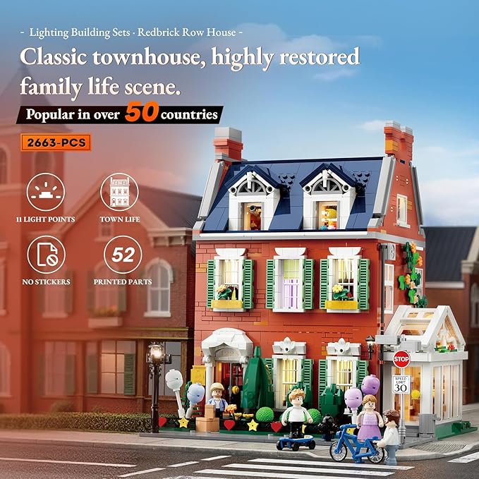 LUMIBRICKS Redbrick Row House Lighting Building Bricks Set - City Town LED Light Modular Construction Model Collection Display Kit with Minifigures 2663 Pcs for Adults & Teens