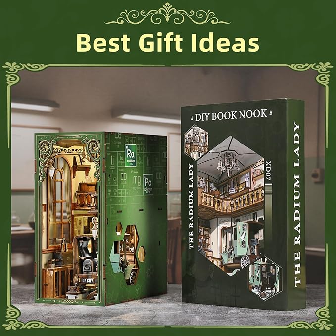 Book Nook Kit - 3D Wooden Puzzles for Adults, DIY Scene Miniature Kit, Tiny House Booknook Craft Bookshelf Decor Mini Scale Model, Gifts for Puzzle Lovers (The Radium Lady)