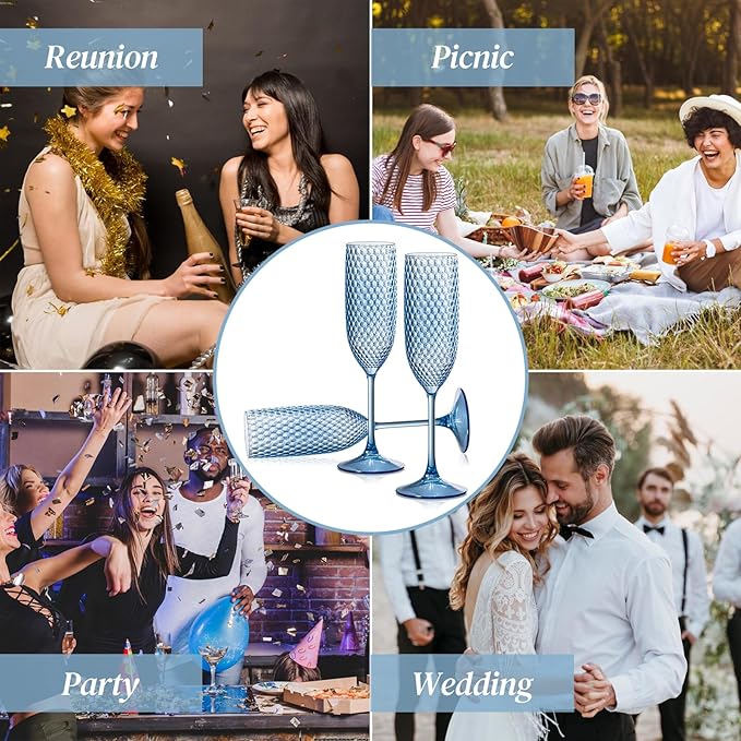 24 Pack Plastic Champagne Flutes Vintage Light Blue Goblet Champagne Glasses Unbreakable Wedding Toasting Glasses Diamond Wine Glasses Crystal Wine Cups Clear Drinking Glasses 5.5 OZ for Bridal Shower