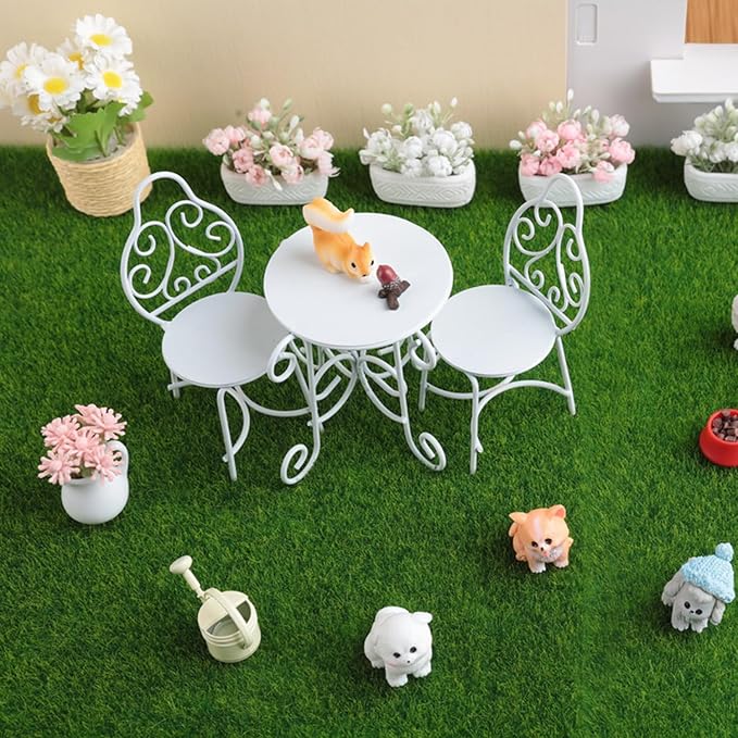 1/12 Scale Dollhouse Table Chair Sets, 9Pcs Metal Miniature Patio Sets, Dollhouse Fairy Garden Bistro Outdoor Furniture Accessories with Jasmine, Daisies, Squirrel and Kettle