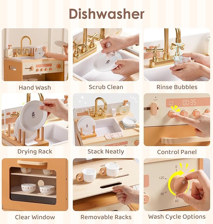 ROBOTIME Caramel Wooden Kids Play Kitchen – 4-in-1 Toddler Role Play Kitchen Set with Fridge, Washing Machine & Iron, Dishwasher – Pretend Cooking Playset for Boys & Girls Ages 3+