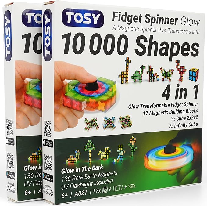 TOSY Magnet Fidget Spinner Glow - 16 Blocks, 3in1 Toy: Transformable Fidget Spinner, Infinity/Puzzle Cube, Easter Valentine Gift for Kids/Adults, Glowing STEM Sensory Stress Relief, 2-Pack