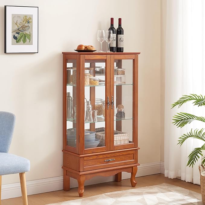 49" H Lighted Curio Display Cabinet with 2 Glass Doors & 1 Drawer, Wooden Curio Showcase w/Adjustable Shelves & Mirrored Back Panel, Wine Storage Cabinet Display Case for Living Room (Oak)