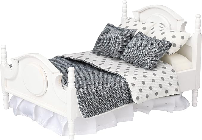 Dollhouse Furniture mini Bed Set, Realistic Bedroom Accessories for 6 inch Dolls, Decorative Grey Bedspread & Pillows, White Wooden Frame, 1/12 Scale