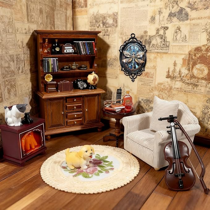 Miniature House Furniture Set Classic Mini Furniture Sofa Set with Pillows Mini Couch Carpet Wooden Furnitures Bookshelf Desk Chair Living Room Scene Decor