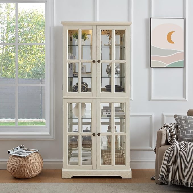 68" H Glass Curio Display Cabinet with Light, 6-Tier Wooden Storage Showcase w/ 4 Glass Doors & Adjustable Shelves, Vintage Accent Cabinet w/Mirrored Back Pane for Home & Office (White)