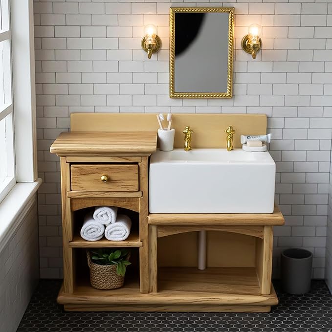 Dollhouse Sink 1/12 Scale Miniature Furniture Bathroom Mini Kitchen Sink with Cabinet Set Dolls House Wooden Accessory Doll Farmhouse Accessories