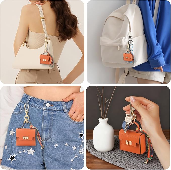 FENHIN Mini Backpack Keychain, Leather Small Coin Purse for Women, Cute Hand Bag Charms with Key Holder & Twist-lock (Orange)