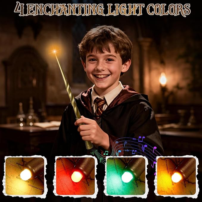 KingGlee Light Up Wizard Magic Wand Set with Sounds & 4 Light Modes – Illuminating Witch Wands for Kids Cosplay Birthday Gift, 2PCS, Brown & Golden