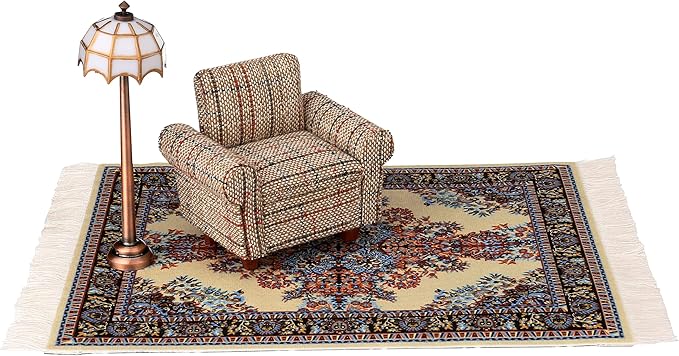 Dollhouse Sofa Armchair Upholstered, Miniature Living Room Furniture Chair, Fabric, Accessories for 6 inch Dolls, 1/12 Scale (Beige Retro)