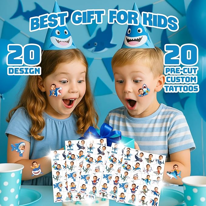 Custom Shark Temporary Tattoos for Kids - Personalized Pre-Cut Face Photo Tattoos - Fun Birthday Party Favors for Boys Girls, Shark Lovers - Set of 20 Unique Celebration Gifts