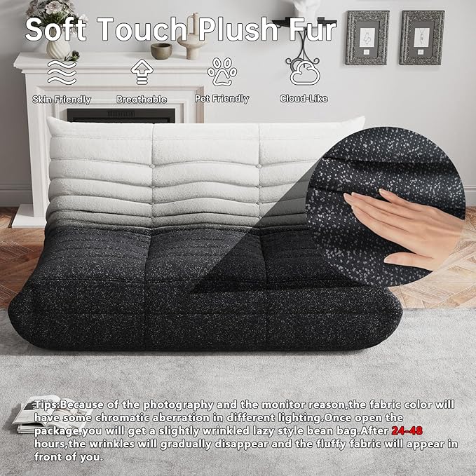 Bean Bag Chairs for Adults, BeanBag Reading Chair Memory Foam Couch 3-Seater, Floor Chair Soft Teddy Material, Comfy Reading Nook Chairs for Bedroom Living Room Office (Black White)