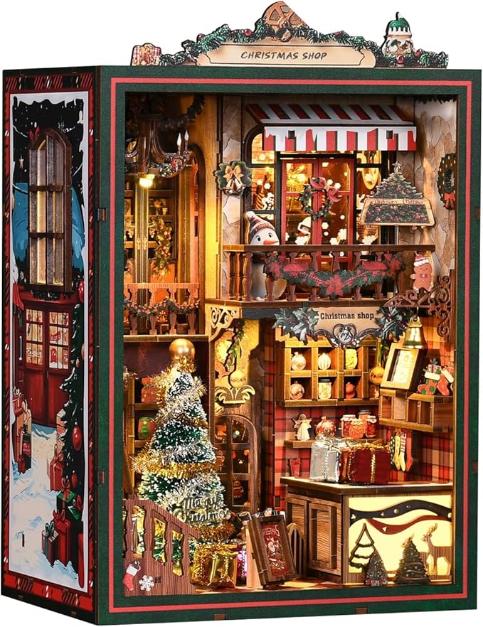 Book Nook Kit for Adults, 3D DIY Wooden Holiday Theme Miniature House Craft Kit Bookshelf Christmas Decor Halloween Birthday Gift
