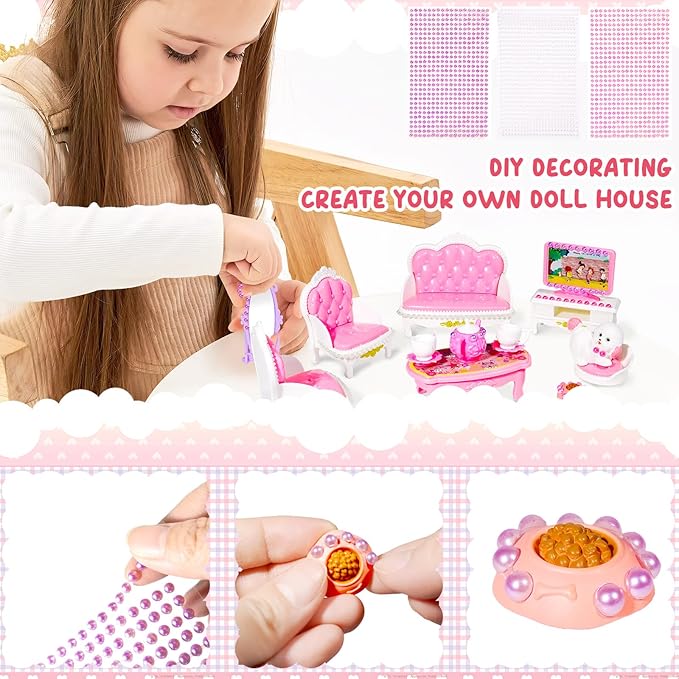 92 Pcs Miniature Furniture Set Accessories Mini Furniture Plastic Bedroom Living Room Bathroom Kitchen Kit Small Pink House for Birthday Gift