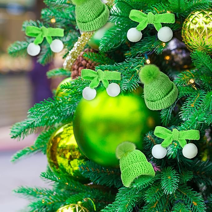 Bencailor 48 Pcs Mini Christmas Knitting Hats and Mini Christmas Scarf Set Knitting Doll Hat Scarf Santa Knit Hat Tree Ornaments for DIY Craft Art Doll Decoration (Lime Green)