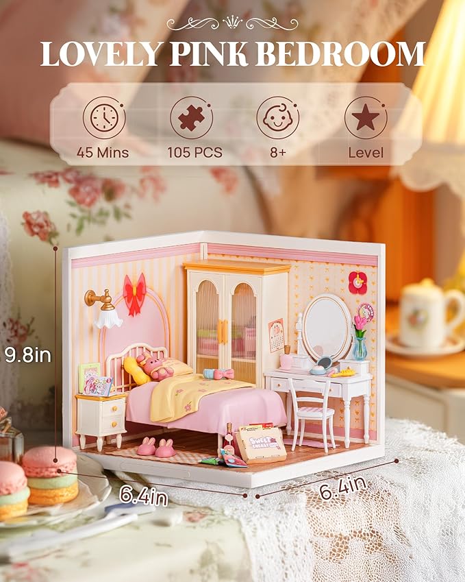 Rolife Super Creator Kits Pink Bedroom, Tiny House Building Blocks for Little Dolls, DIY Plastic Mini House Model Building Kits for Teens Aged 14+, DIY Crafts/Hobbies for Adults (Lovely Pink Bedroom)