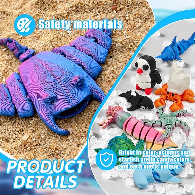 3D Printed Animal Figures Set, 18Pcs 3D Printed Toys, Ocean Animal Figurines Toys, Fidget Articulated Flexible Toy for Party Favors Birthday Gifts Office Desktop Home Decoration