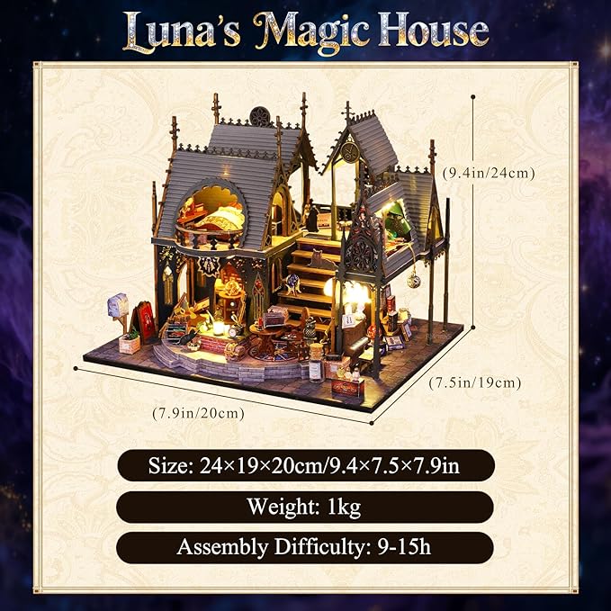 FLYINTOYS DIY Miniature House Kit with LED Light, Mini House Building Kit with Furniture, 3D Wooden Puzzles Dollhouse Bookshelf Insert Decor Kit for Family and Friends (Luna's Magic House)
