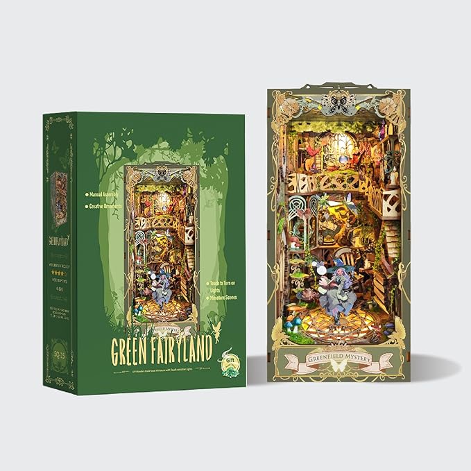LED Book Nooks DIY Miniature Dollhouse Kit 3D Puzzle Wooden Bookends Toy for Teenagers Gift Model Kits Room Decoration - Garden Book Nook - Book Nook Kits for Adults (Green Fairyland)