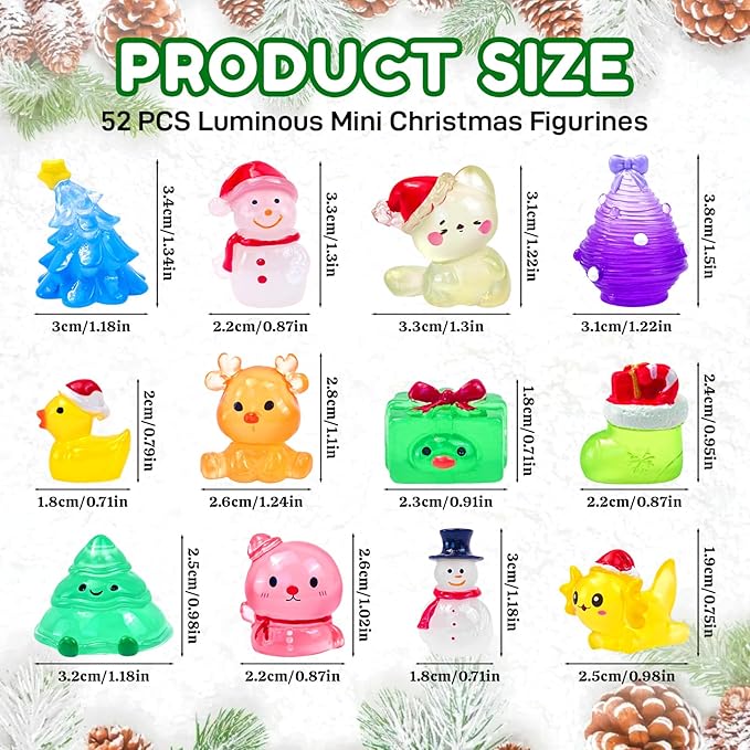 52 Pcs Luminous Mini Christmas Figurines Glow in The Dark Tiny Little Resin Snowman Miniature Figures for Xmas Holiday Crafts Garden Micro Landscape Party Home Table Decor