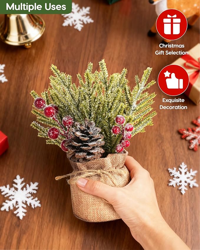 Velener Artificial Christmas Flowers for Outdoor-3 Pcs Faux Pine Branches with Red Berries & Pinecones, Fake Christmas Greenery Stems with Burlap Bag Vase, Winter Norfolk Pine Branches for Indoor