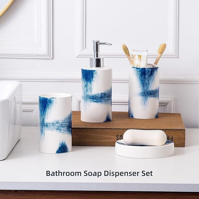 4 Piece Painted Ceramic Bathroom Accessory Set, Includes Soap Dispenser Pump, Toothbrush Holder, Tumbler, Soap Dish Sanitary, Ideas Home Gift for Ware Home Decor Bath(Blue & White)