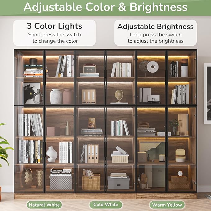 3 Piece Display Cabinet with Glass Doors & Adjustable Lights, 78.7” Tall Display Case with 5 Tier Storage Shelves, Modern Collectibles Cabinet for Living Room, Office, Walnut